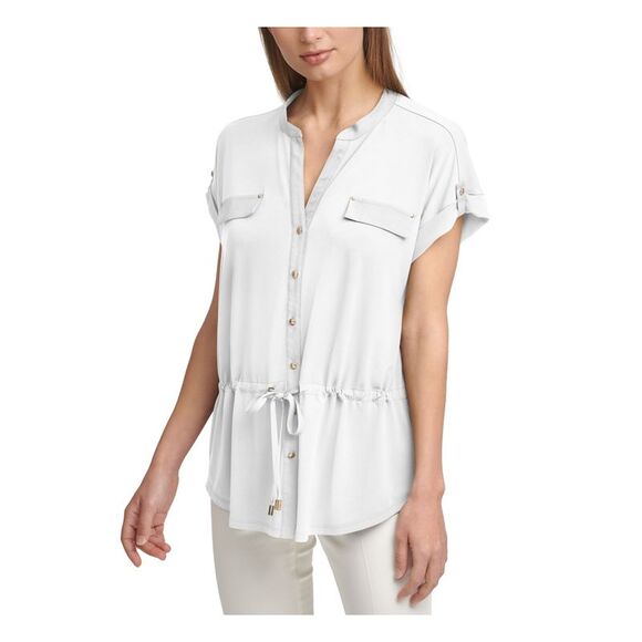 NWT CALVIN KLEIN Womens White Stretch Split Wear To Work Button Up Top M - Picture 1 of 3